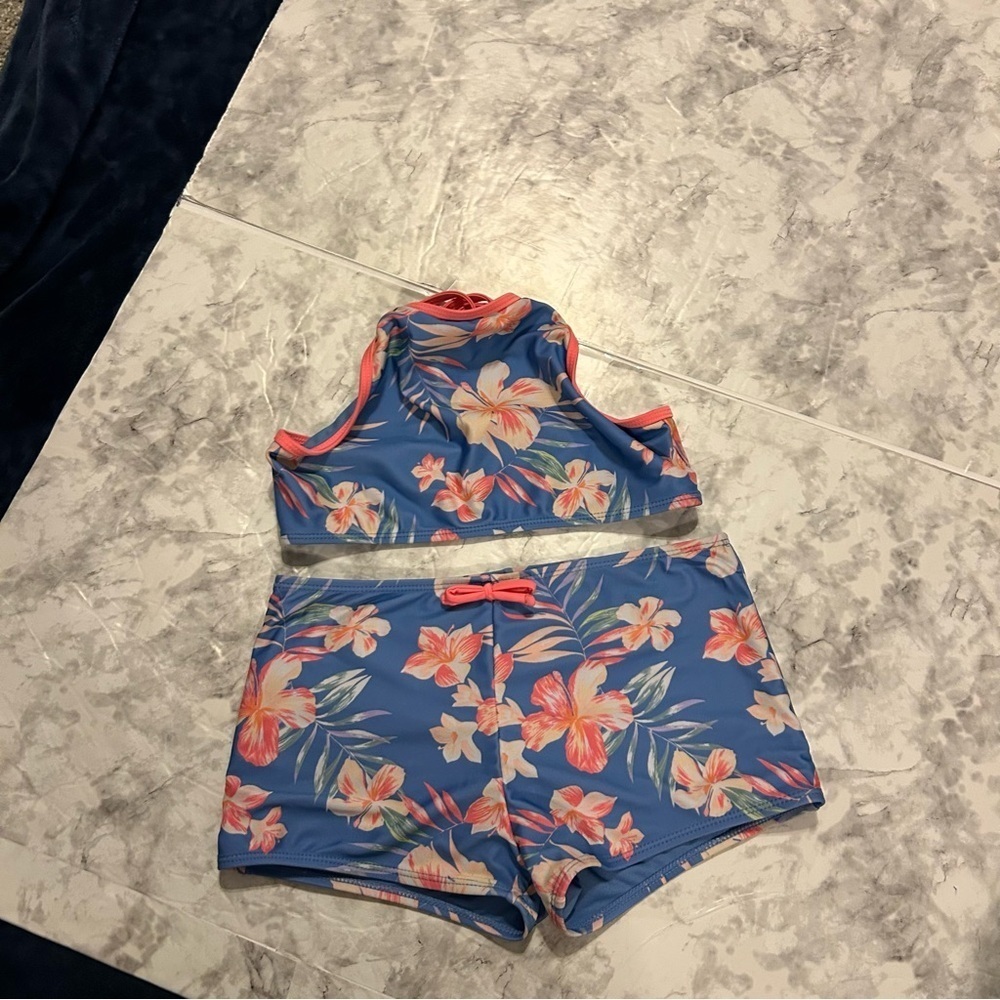 Girls Wonder Nation 2pc Blue Pink Flowers Tank Shorts Swim Suit set size 10-12